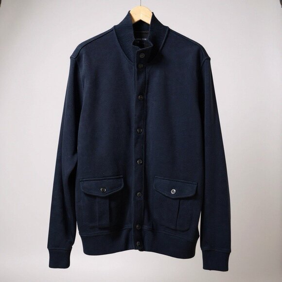 Lands End Mock Neck Cardigan Sweater Navy Blue Essential Drifter Mens Size Large - Picture 1 of 9